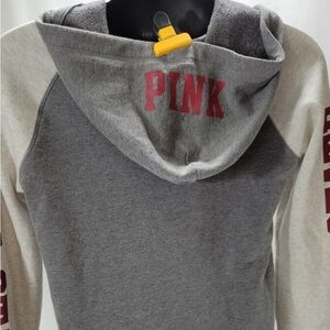 PINK Victoria's Secret Gray and Cream Hoodie with Red Lettering
